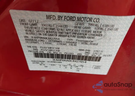 2012 Ford Fusion Se z USA, uszkodzony, nr VIN 3FAHP0HA0CR427054